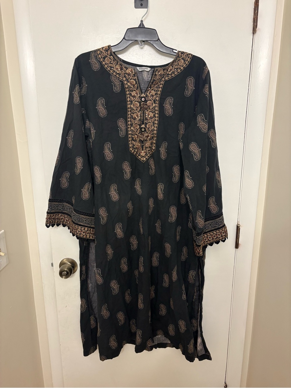 Sapphire Pakistani Cotton Kurta Black Embroidered Paisley Tunic Top XL